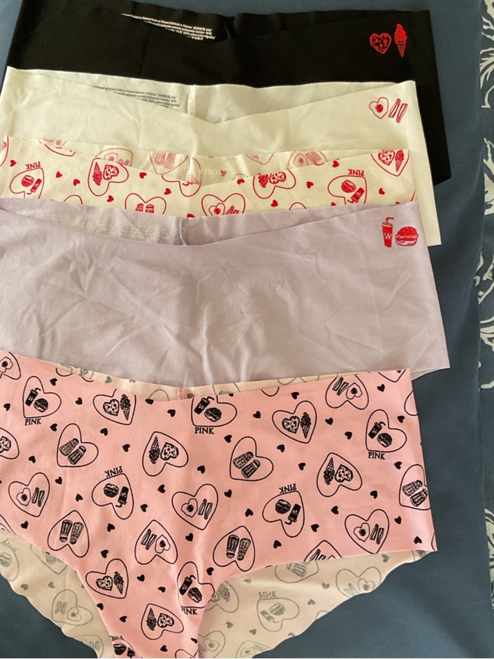 5 PAIRS PINK Heart & Snack Hipster Panties in assorted prints/colors.